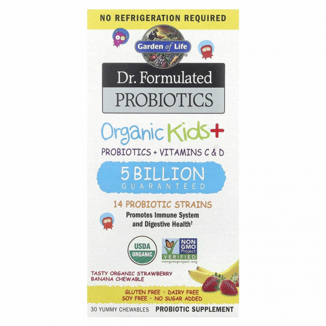 Garden of Life, Dr Formulated Probiotics, Organic Kids+, органические пробиотики для детей, со вкусом органической клубники и банана, 30 вкусных жевательных таблеток Garden of Life, Dr Formulated Probiotics, Organic Kids+, органические пробиотики для детей, со вкусом органической клубники и банана, 30 вкусных жевательных таблеток