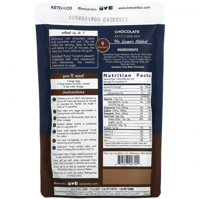 Keto and Co, Keto Cake Mix, шоколад, 258 г (9,1 унции) Keto and Co, Keto Cake Mix, шоколад, 258 г (9,1 унции)