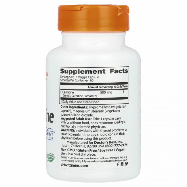 Doctor's Best, L-карнитин фумарат с карнитинами Biosint, 855 мг, 60 вегетарианских капсул