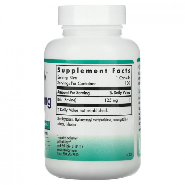 Nutricology, бычья желчь, 125 мг, 180 растительных капсул Nutricology, бычья желчь, 125 мг, 180 растительных капсул