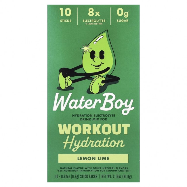 Waterboy, Workout Hydration, смесь для приготовления электролитического напитка, лимон и лайм, 10 пакетиков-стиков по 6,2 г (0,22 унции) Waterboy, Workout Hydration, смесь для приготовления электролитического напитка, лимон и лайм, 10 пакетиков-стиков по 6,2 г (0,22 унции)