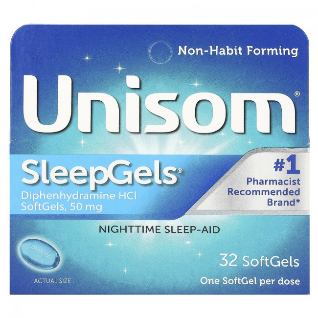 Unisom, SleepGels, средство для сна в ночное время, 32 мягких желатиновых капсулы