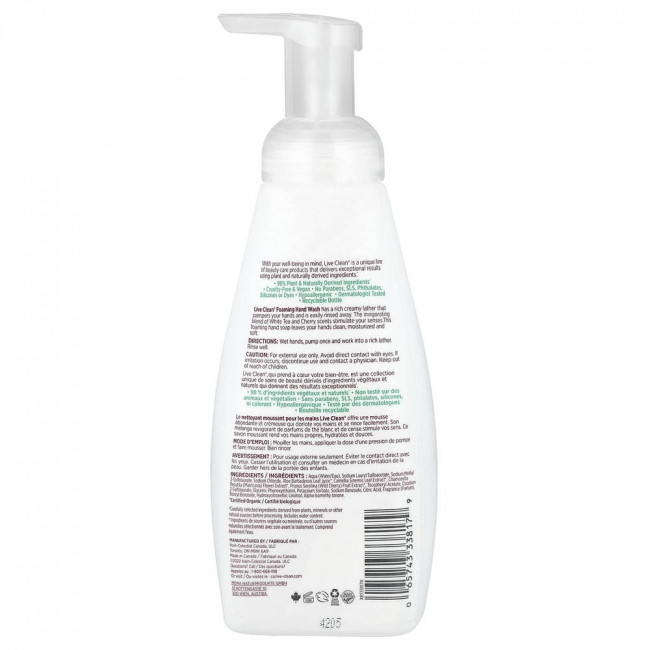 Пенящееся жидкое мыло для рук Live Clean, белый чай и вишня, 400 мл (13,5 жидких унций) Пенящееся жидкое мыло для рук Live Clean, белый чай и вишня, 400 мл (13,5 жидких унций)