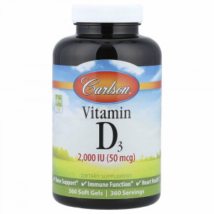 Carlson Labs, витамин D3, 2000 МЕ (50 мкг), 360 мягких таблеток