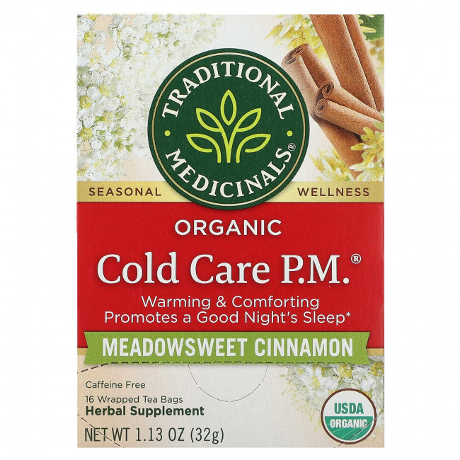 Traditional Medicinals, Organic Cold Care PM, таволга, корица, без кофеина, 16 чайных пакетиков в упаковке, 32 г (1,13 унции) каждый Traditional Medicinals, Organic Cold Care PM, таволга, корица, без кофеина, 16 чайных пакетиков в упаковке, 32 г (1,13 унции) каждый
