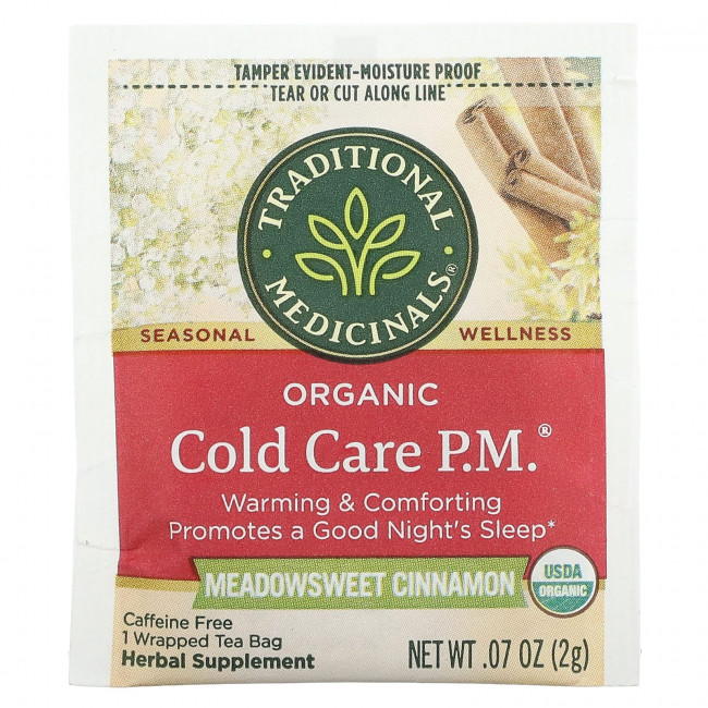 Traditional Medicinals, Organic Cold Care PM, таволга, корица, без кофеина, 16 чайных пакетиков в упаковке, 32 г (1,13 унции) каждый Traditional Medicinals, Organic Cold Care PM, таволга, корица, без кофеина, 16 чайных пакетиков в упаковке, 32 г (1,13 унции) каждый