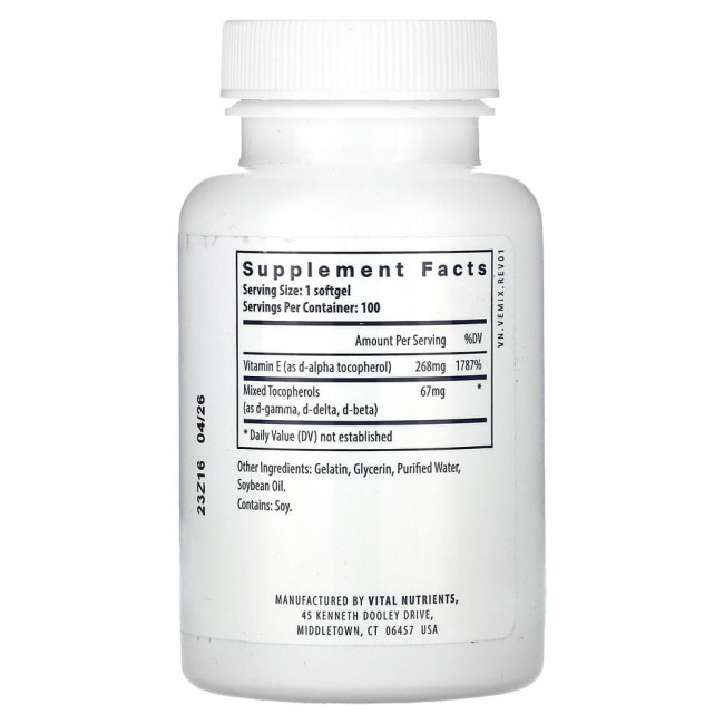 Vital Nutrients, Vitamin E With Mixed Tocopherols, 100 Softgels