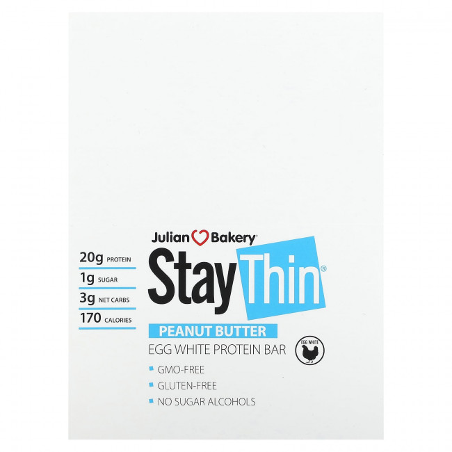 Julian Bakery, StayThin, протеиновый батончик из яичного белка, арахисовая паста, 12 батончиков, 781,2 г (1,72 фунта) Julian Bakery, StayThin, протеиновый батончик из яичного белка, арахисовая паста, 12 батончиков, 781,2 г (1,72 фунта)