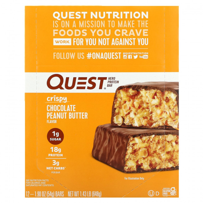 Quest Nutrition, Hero Protein Bar, хрустящий шоколад с арахисовой пастой, 12 батончиков по 54 г (1,9 унции) Quest Nutrition, Hero Protein Bar, хрустящий шоколад с арахисовой пастой, 12 батончиков по 54 г (1,9 унции)