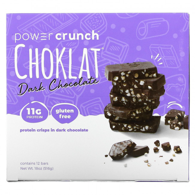 BNRG, Power Crunch Protein Crisp Bar, Choklat, Dark Chocolate, 12 Bars, 1.54 oz (43 g) Each BNRG, Power Crunch Protein Crisp Bar, Choklat, Dark Chocolate, 12 Bars, 1.54 oz (43 g) Each