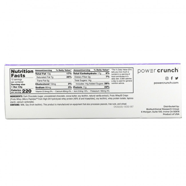 BNRG, Power Crunch Protein Crisp Bar, Choklat, Dark Chocolate, 12 Bars, 1.54 oz (43 g) Each BNRG, Power Crunch Protein Crisp Bar, Choklat, Dark Chocolate, 12 Bars, 1.54 oz (43 g) Each