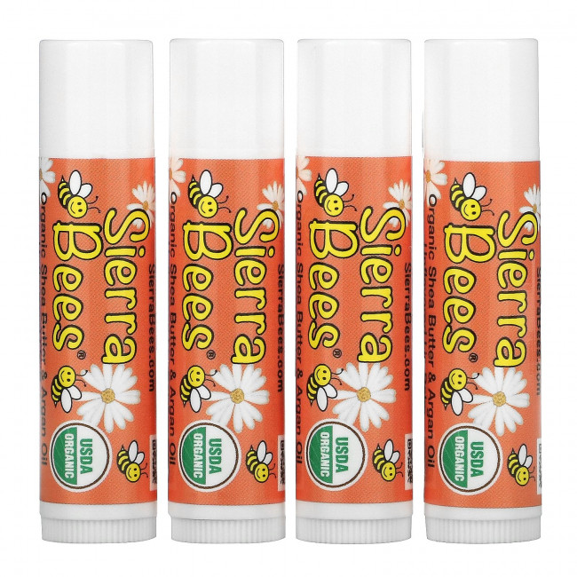 Sierra Bees, Органические бальзамы для губ, масло ши и аргановое масло, 4 штуки в упаковке весом 0,15 унции (4,25 г) каждая Sierra Bees, Органические бальзамы для губ, масло ши и аргановое масло, 4 штуки в упаковке весом 0,15 унции (4,25 г) каждая