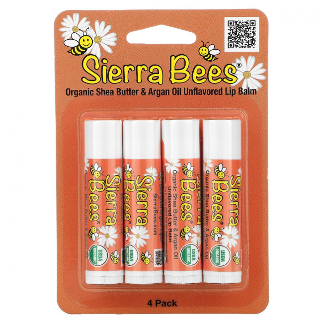Sierra Bees, Органические бальзамы для губ, масло ши и аргановое масло, 4 штуки в упаковке весом 0,15 унции (4,25 г) каждая Sierra Bees, Органические бальзамы для губ, масло ши и аргановое масло, 4 штуки в упаковке весом 0,15 унции (4,25 г) каждая
