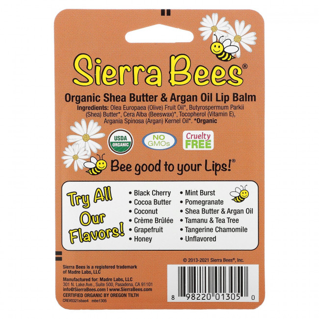 Sierra Bees, Органические бальзамы для губ, масло ши и аргановое масло, 4 штуки в упаковке весом 0,15 унции (4,25 г) каждая Sierra Bees, Органические бальзамы для губ, масло ши и аргановое масло, 4 штуки в упаковке весом 0,15 унции (4,25 г) каждая