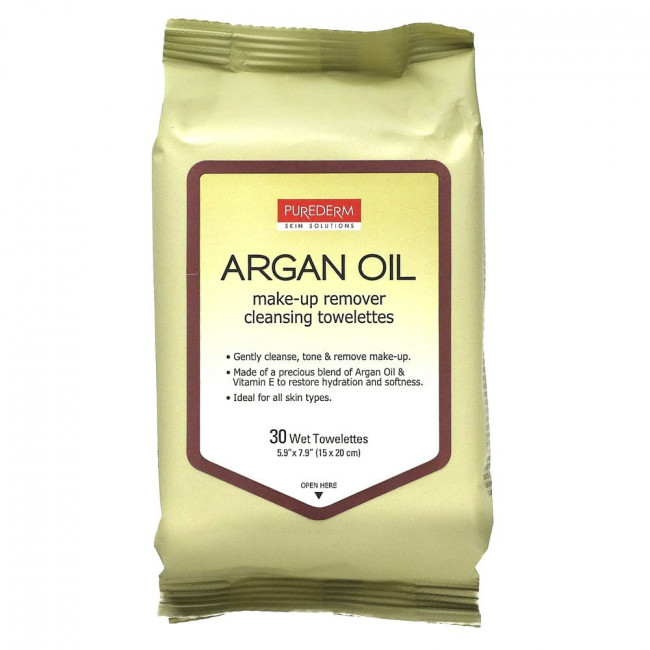 Purederm, Make-Up Remover Cleansing Towelettes, Argan Oil, 30 Wet Towelettes