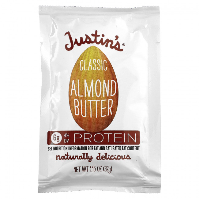 Justin's Nut Butter, Классическое миндальное масло, полностью натуральное, 10 пакетиков, 1.15 унций (32 г) /шт. Justin's Nut Butter, Классическое миндальное масло, полностью натуральное, 10 пакетиков, 1.15 унций (32 г) /шт.