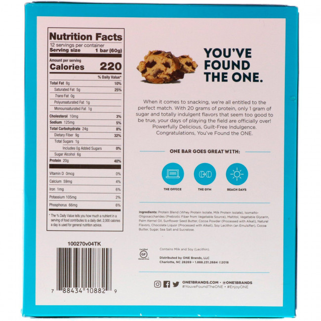 One Brands, ONE Bar, батончики с шоколадной крошкой Cookie Dough, 12 батончиков, 60 г (2,12 унции) каждый One Brands, ONE Bar, батончики с шоколадной крошкой Cookie Dough, 12 батончиков, 60 г (2,12 унции) каждый