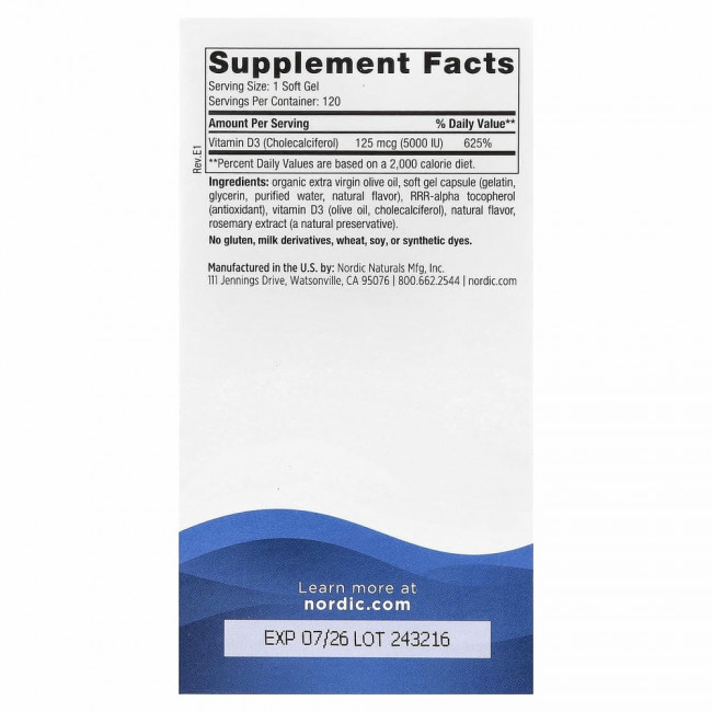 Nordic Naturals, Витамин D3 5000, со вкусом апельсина, 5000 МЕ, 120 мягких желатиновых капсул