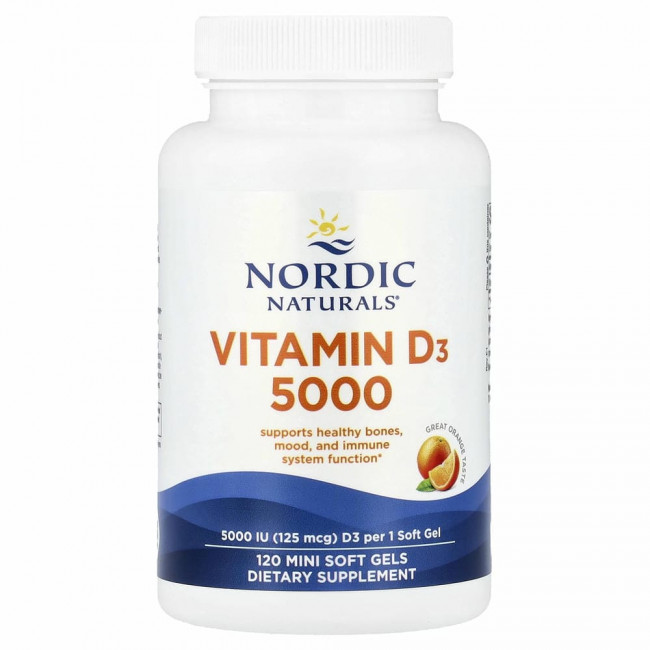 Nordic Naturals, Витамин D3 5000, со вкусом апельсина, 5000 МЕ, 120 мягких желатиновых капсул