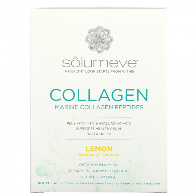 Solumeve, пептиды коллагена с витамином C и гиалуроновой кислотой, со вкусом лимона, 30 пакетиков по 5,37 г (0,19 унции)