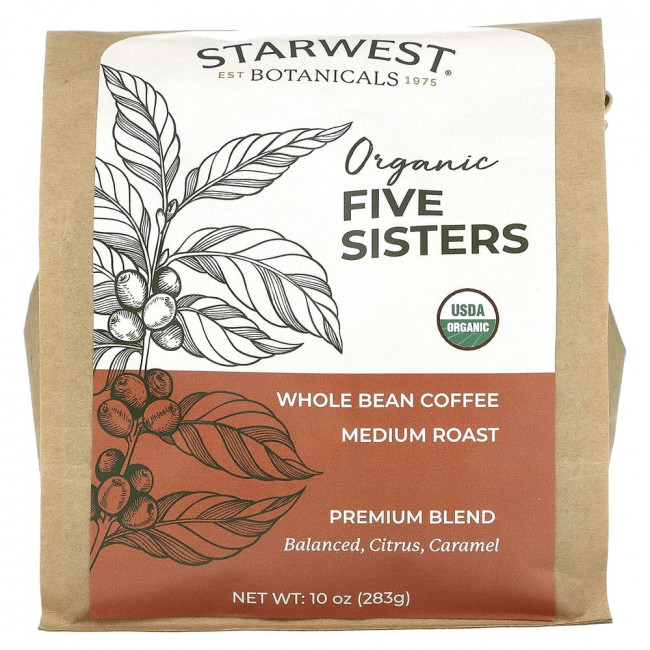 Starwest Botanicals, Five Ssters, органический кофе в зернах, средняя обжарка, 283 г (10 унций)