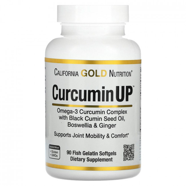 California Gold Nutrition, Curcumin UP, комплекс с омега-3 и куркумином, для подвижности и комфорта в работе суставов, 90 капсул из рыбьего желатина California Gold Nutrition, Curcumin UP, комплекс с омега-3 и куркумином, для подвижности и комфорта в работе суставов, 90 капсул из рыбьего желатина