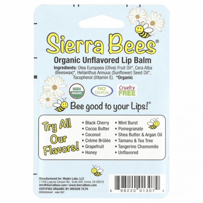 Sierra Bees, Органические бальзамы для губ, без вкуса, 4 шт. в упаковке, 0,15 унции (4,25 г) каждый Sierra Bees, Органические бальзамы для губ, без вкуса, 4 шт. в упаковке, 0,15 унции (4,25 г) каждый