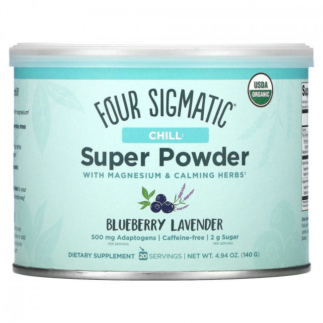 Four Sigmatic, Chill Super Powder с магнием и успокаивающими травами, голубика и лаванда, 140 г (4,94 унции)
