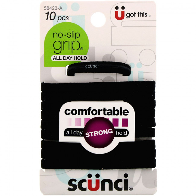 Scunci, Резинки для волос No Slip Grip, удобные, крепко удерживают волосы весь день, черные, 10 штук Scunci, Резинки для волос No Slip Grip, удобные, крепко удерживают волосы весь день, черные, 10 штук