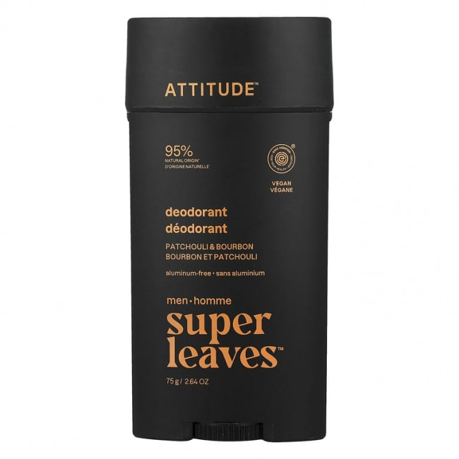 ATTITUDE, Super Leaves™, дезодорант без алюминия, для мужчин, пачули и бурбон, 75 г (2,64 унции) ATTITUDE, Super Leaves™, дезодорант без алюминия, для мужчин, пачули и бурбон, 75 г (2,64 унции)