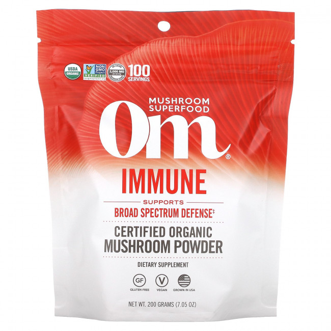 Om Mushrooms, Сертифицированный органический грибной порошок, для иммунитета, 200 г (7,05 унции) Om Mushrooms, Сертифицированный органический грибной порошок, для иммунитета, 200 г (7,05 унции)
