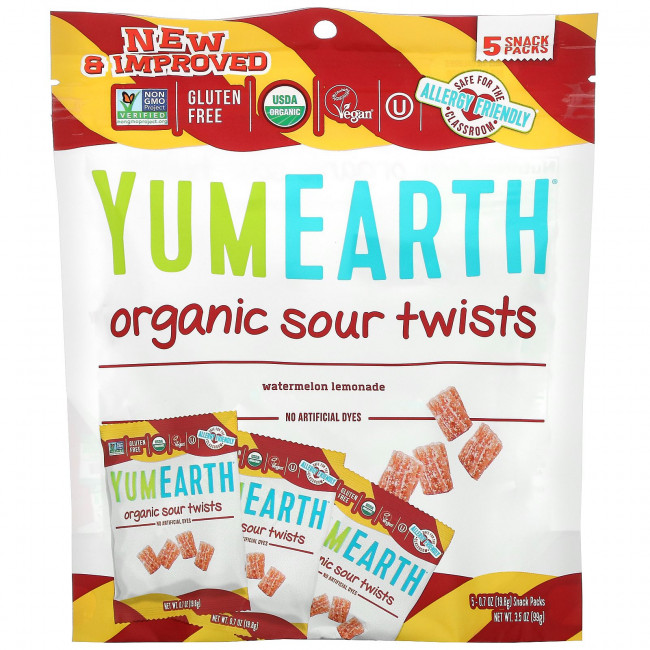 YumEarth, органические кислые конфеты, со вкусом арбузного лимонада, 5 упаковок снеков, 19,8 г (0,7 унции) каждая YumEarth, органические кислые конфеты, со вкусом арбузного лимонада, 5 упаковок снеков, 19,8 г (0,7 унции) каждая