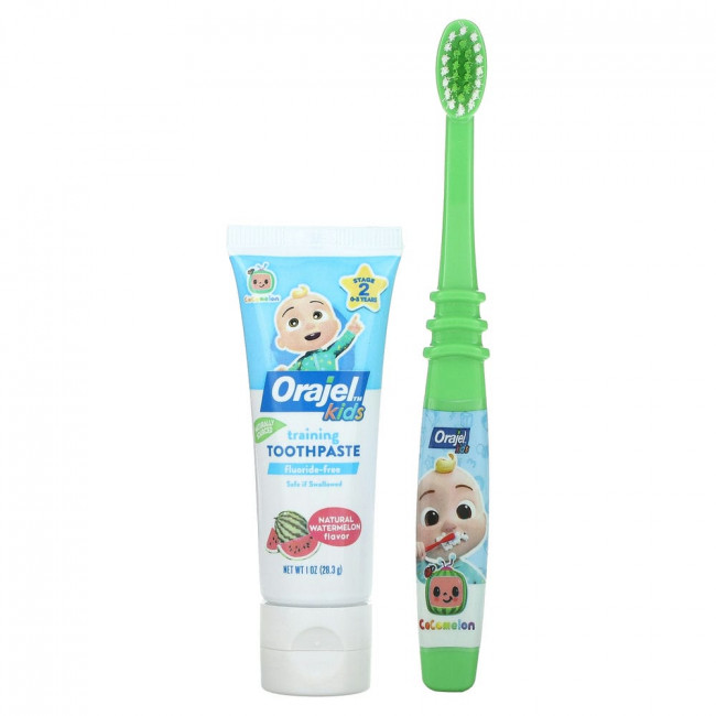 Orajel, Kids, Cocomelon Training, зубная паста с зубной щеткой, без фтора, для детей от 0 до 3 лет, арбуз, набор из 2 предметов, 28,3 г (1 унция)