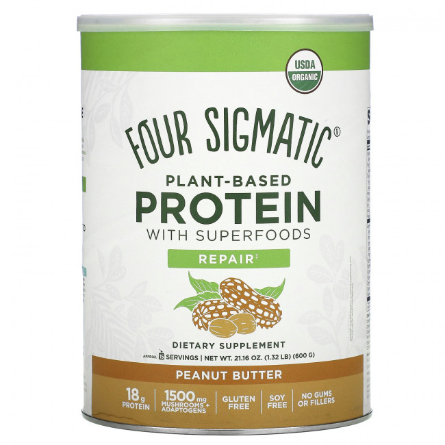 Four Sigmatic, Растительный протеин с суперфудами, арахисовая паста, 600 г (1,32 фунта) Four Sigmatic, Растительный протеин с суперфудами, арахисовая паста, 600 г (1,32 фунта)
