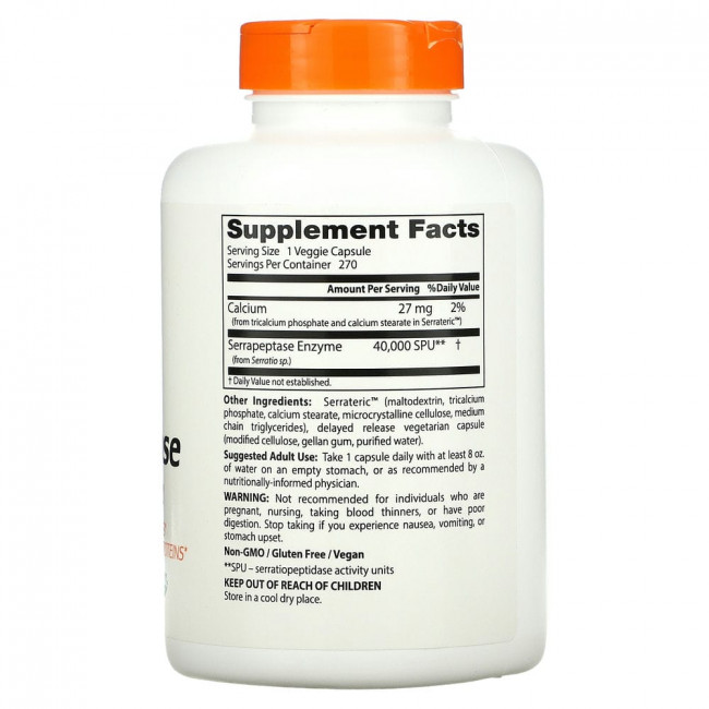 Doctor's Best, серрапептаза, 270 вегетарианских капсул