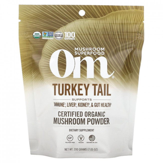 Om Mushrooms, Turkey Tail, сертифицированный органический грибной порошок, 200 г (7,05 унции) Om Mushrooms, Turkey Tail, сертифицированный органический грибной порошок, 200 г (7,05 унции)
