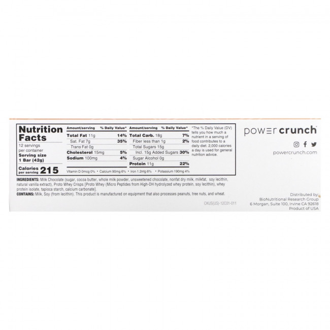 BNRG, Энергетический белковый батончик Power Crunch Choklat, молочный шоколад, 12 батончиков, вес каждого 42 г (1,5 унции) BNRG, Энергетический белковый батончик Power Crunch Choklat, молочный шоколад, 12 батончиков, вес каждого 42 г (1,5 унции)