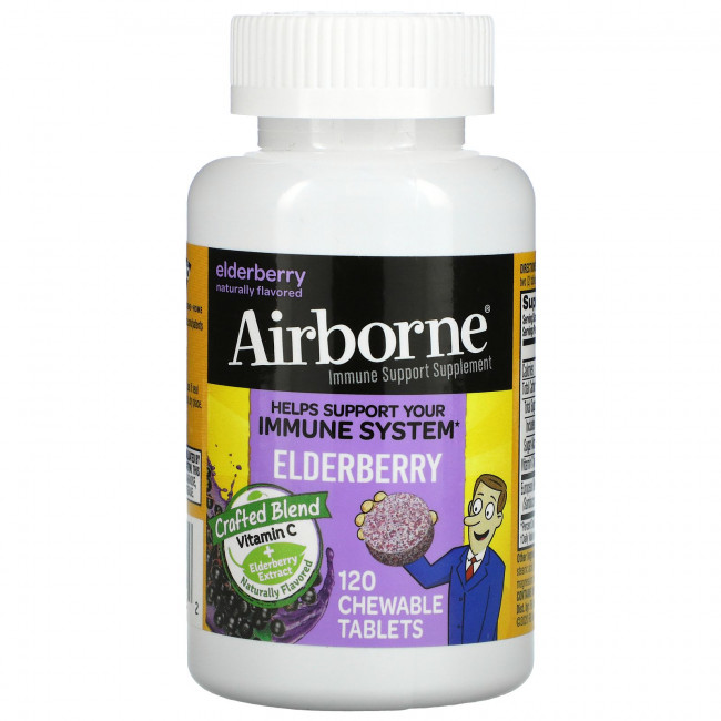 AirBorne, Добавка для поддержки иммунитета, Бузина, 120 жевательных таблеток AirBorne, Добавка для поддержки иммунитета, Бузина, 120 жевательных таблеток
