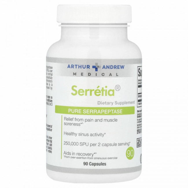 Arthur Andrew Medical, Serretia, чистая серрапептаза, 125 000 SPU, 90 капсул Arthur Andrew Medical, Serretia, чистая серрапептаза, 125 000 SPU, 90 капсул