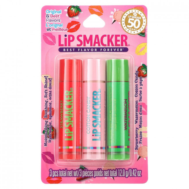 Lip Smacker, Original & Best Flavors, Lip Balm, Strawberry, Cotton Candy, Watermelon, 3 Pack, 0.14 oz (4 g) Each