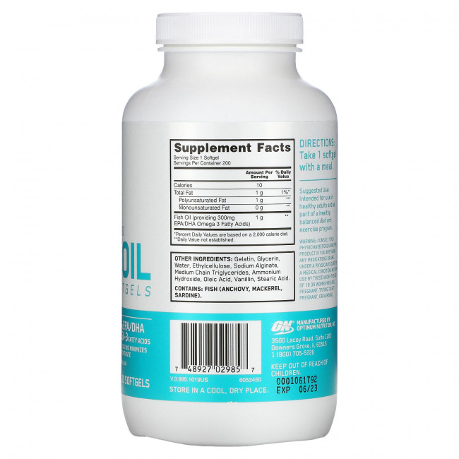 Optimum Nutrition, Кишечнорастворимый рыбий жир, 200 мягких капсул Optimum Nutrition, Кишечнорастворимый рыбий жир, 200 мягких капсул