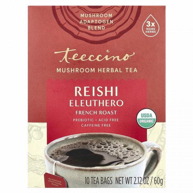 Teeccino, Mushroom Herbal Tea, Organic Reishi Eleuthero, French Roast, Caffeine Free, 10 Tea Bags, 2.12 oz (60 g) Teeccino, Mushroom Herbal Tea, Organic Reishi Eleuthero, French Roast, Caffeine Free, 10 Tea Bags, 2.12 oz (60 g)