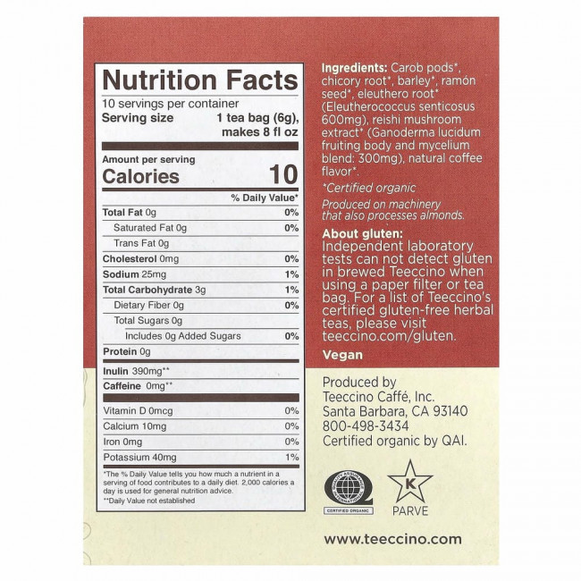 Teeccino, Mushroom Herbal Tea, Organic Reishi Eleuthero, French Roast, Caffeine Free, 10 Tea Bags, 2.12 oz (60 g) Teeccino, Mushroom Herbal Tea, Organic Reishi Eleuthero, French Roast, Caffeine Free, 10 Tea Bags, 2.12 oz (60 g)