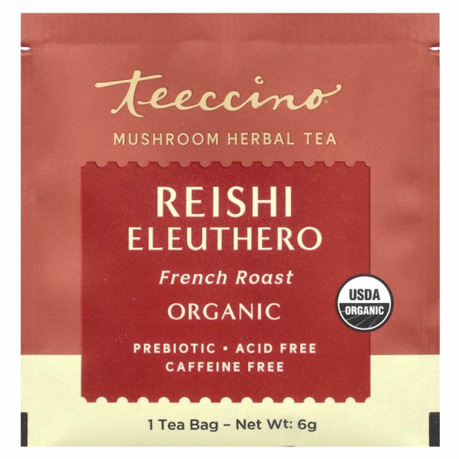 Teeccino, Mushroom Herbal Tea, Organic Reishi Eleuthero, French Roast, Caffeine Free, 10 Tea Bags, 2.12 oz (60 g) Teeccino, Mushroom Herbal Tea, Organic Reishi Eleuthero, French Roast, Caffeine Free, 10 Tea Bags, 2.12 oz (60 g)