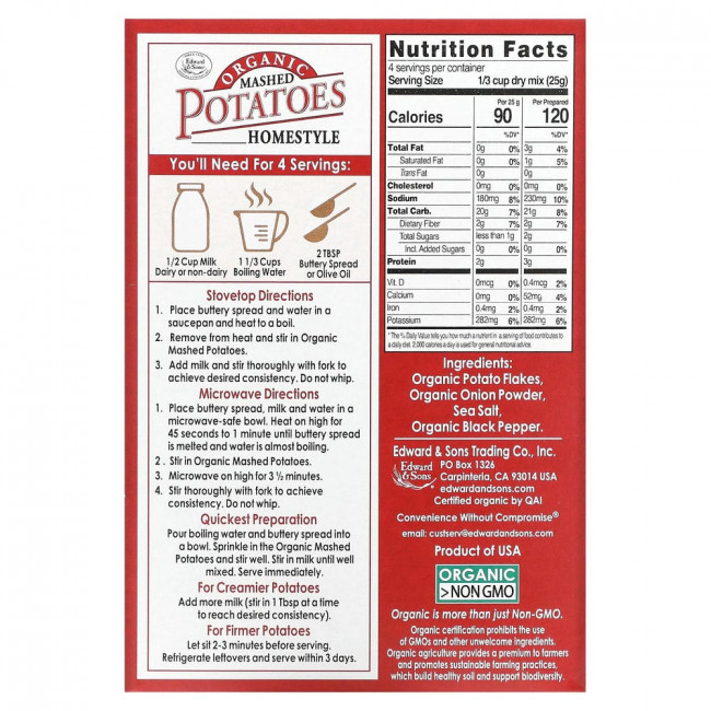 Edward & Sons, Органическое картофельное пюре Organic Mashed Potatoes, домашняя кухня, 100 г Edward & Sons, Органическое картофельное пюре Organic Mashed Potatoes, домашняя кухня, 100 г