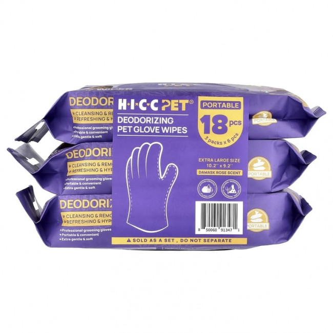 HICC Pet, дезодорирующие салфетки для перчаток, очень большие, дамасская роза, в упаковке 3 шт., по 6 шт. HICC Pet, дезодорирующие салфетки для перчаток, очень большие, дамасская роза, в упаковке 3 шт., по 6 шт.