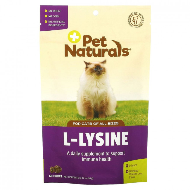 Pet Naturals of Vermont, L-лизин для котов, со вкусом куриной печени, 250 мг, 60 жевательных таблеток, 90 г (3,17 унции) Pet Naturals of Vermont, L-лизин для котов, со вкусом куриной печени, 250 мг, 60 жевательных таблеток, 90 г (3,17 унции)