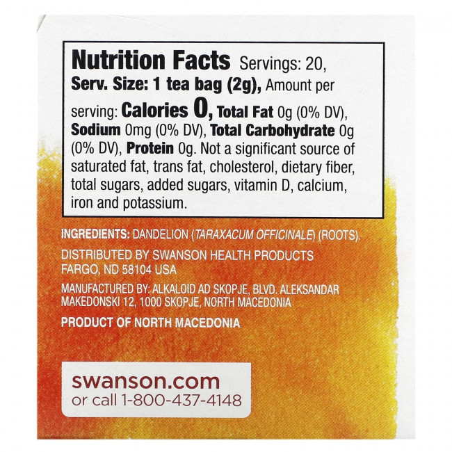 Swanson, Чай из корня одуванчика, без кофеина, 20 чайных пакетиков, 40 г (1,4 унции) Swanson, Чай из корня одуванчика, без кофеина, 20 чайных пакетиков, 40 г (1,4 унции)