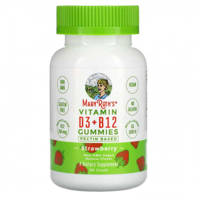 MaryRuth Organics, Жевательные мармеладки с витаминами D3 и B12, на основе пектина, клубника, 60 жевательных таблеток MaryRuth Organics, Жевательные мармеладки с витаминами D3 и B12, на основе пектина, клубника, 60 жевательных таблеток
